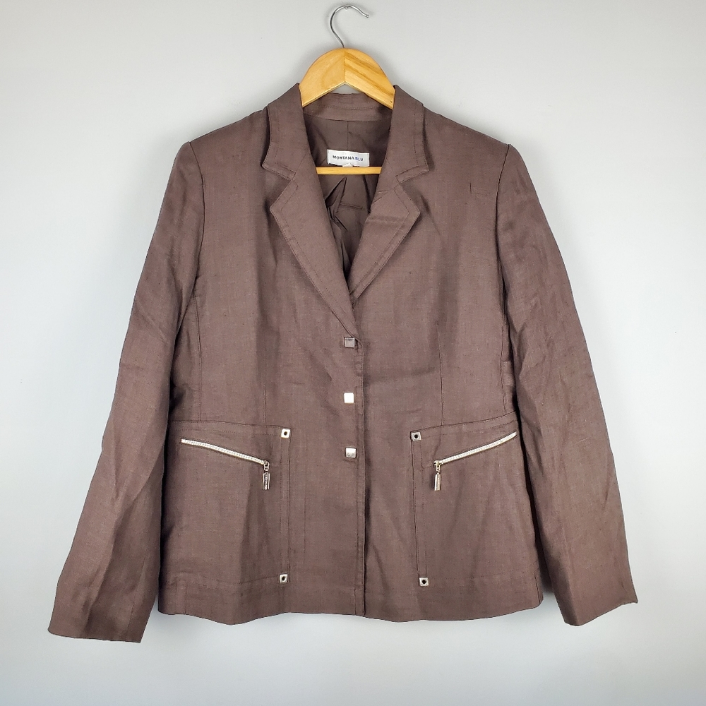 MONTANA BLU Brown Linen Blazer Jacket, Size EU48 / US14